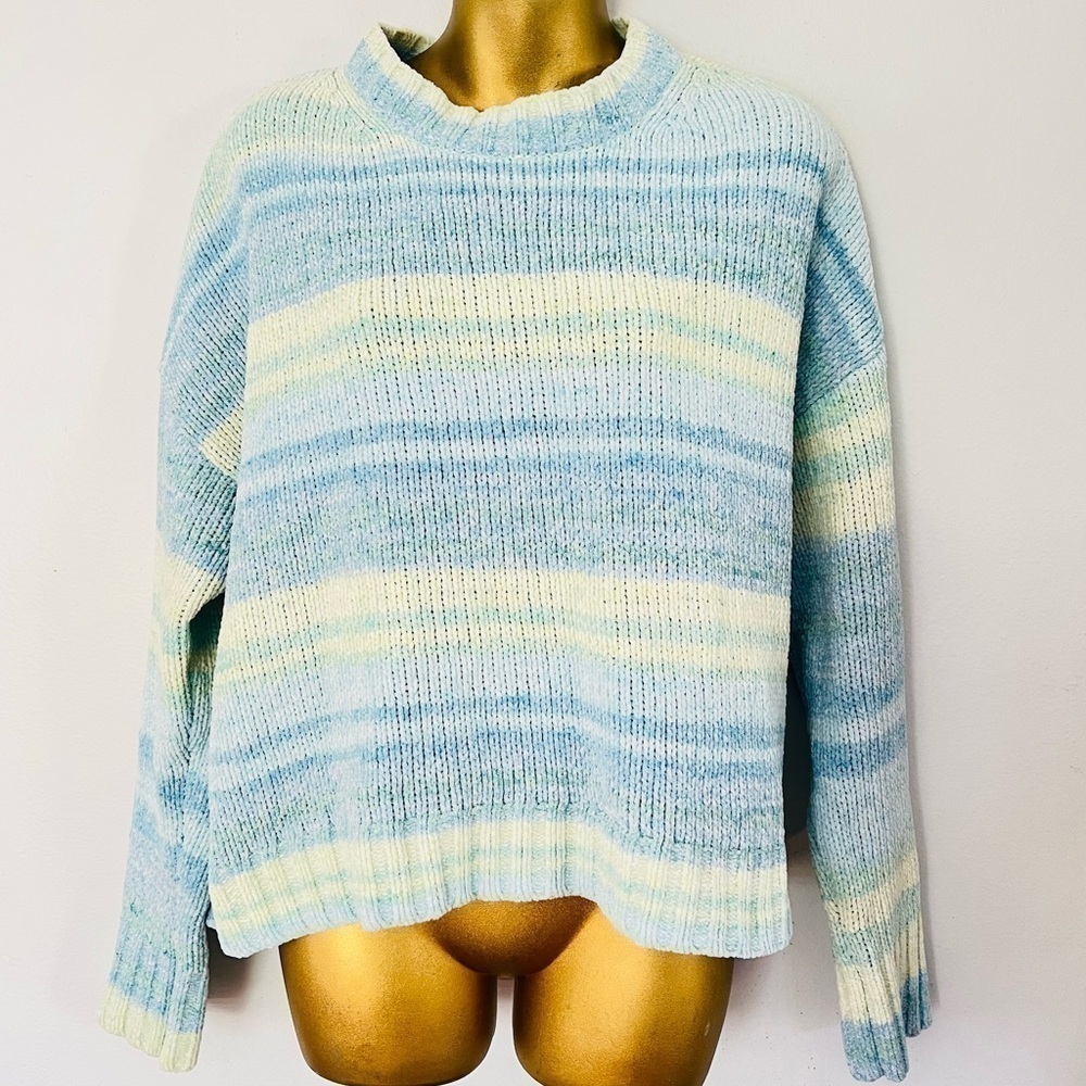 American Eagle Outfitters Pastel Blue and Cream Striped Crewneck Sweater